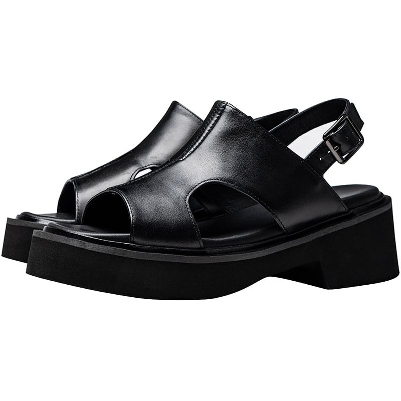 Мъжки кожени сандали с топ слой кожа, летни дишащи и с антимиризма, дебела подметка, повдигане 6 cm, отворен пръст, закопчаване с катарама