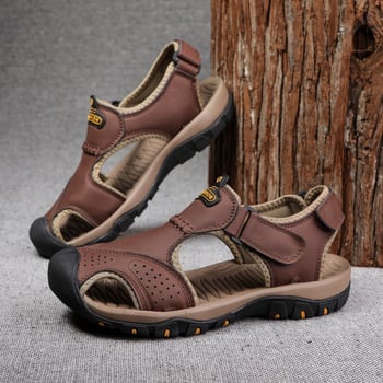 Летни мъжки кожени сандали с затворен пръст за активен открит отдих — дишащи, водоустойчиви, за плаж и походи