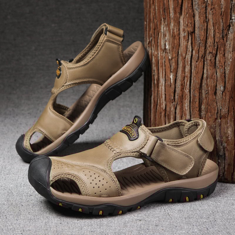Летни мъжки кожени сандали с затворен пръст за активен открит отдих — дишащи, водоустойчиви, за плаж и походи