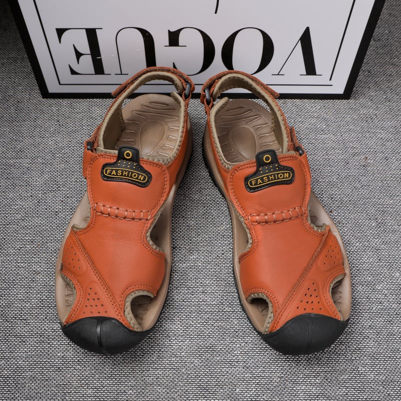 Летни мъжки кожени сандали с затворен пръст за активен открит отдих — дишащи, водоустойчиви, за плаж и походи