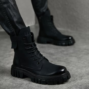 Мъжки кожени високи мартин ботуши в британски стил, ретро дизайн, с вътрешно повдигане и дебел под, черни