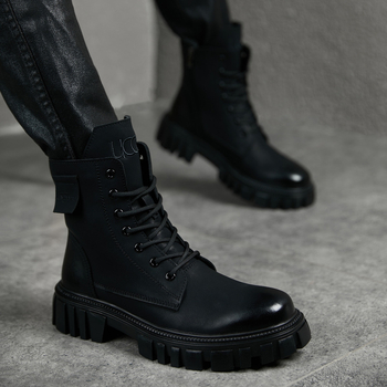 Мъжки кожени високи мартин ботуши в британски стил, ретро дизайн, с вътрешно повдигане и дебел под, черни