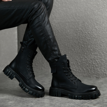 Мъжки кожени високи мартин ботуши в британски стил, ретро дизайн, с вътрешно повдигане и дебел под, черни