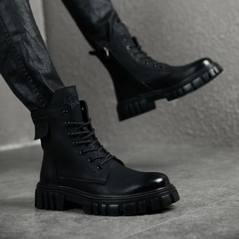 Мъжки кожени високи мартин ботуши в британски стил, ретро дизайн, с вътрешно повдигане и дебел под, черни