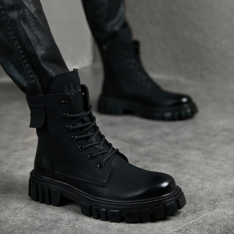 Мъжки кожени високи мартин ботуши в британски стил, ретро дизайн, с вътрешно повдигане и дебел под, черни