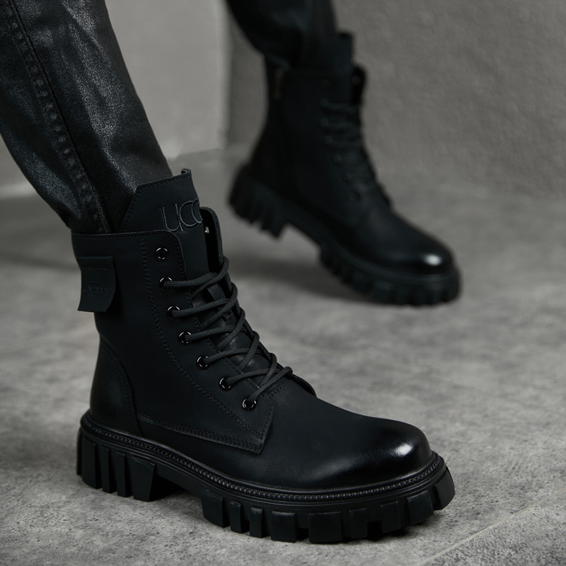 Мъжки кожени високи мартин ботуши в британски стил, ретро дизайн, с вътрешно повдигане и дебел под, черни