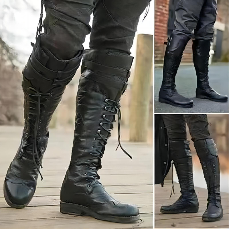 Férfi PU bőr motoros bakancs, fűzős, magas szárú, kerek orrú, alacsony sarok, Knight stílus
