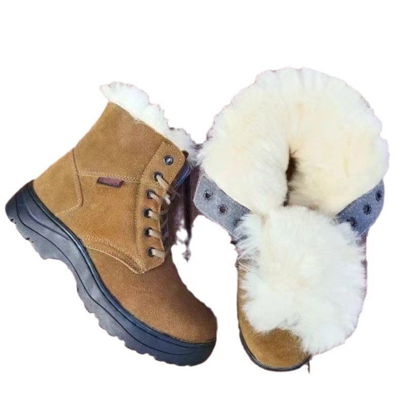 2024 зимни мъжки кожени мартин ботуши с пухена подплата, двуслойна телешка кожа, гумена подметка, антихлъзгащи, топли и издръжливи, кръгъл нос, нисък ток 1-3 cm, едноцветни снегоботуши