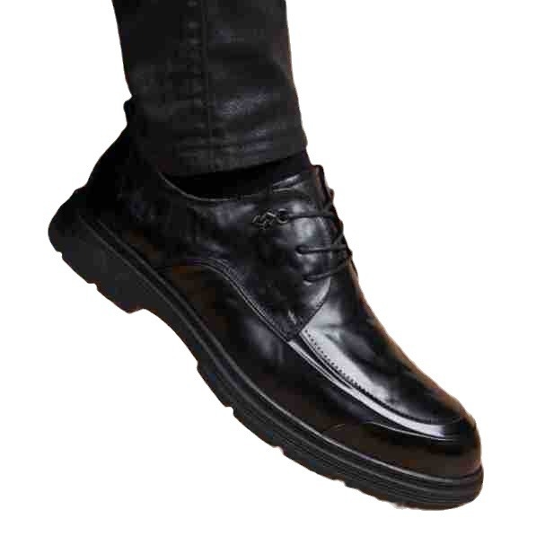 Мъжки обувки от първокачествена телешка кожа, нов модел, мека кожа, делови официални обувки в британски стил, черни, връзки, повдигане на височината, мека подметка