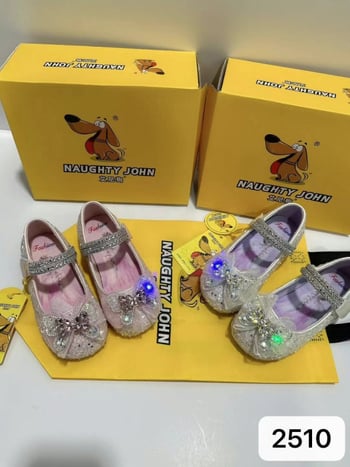 Светещи принцески равни обувки за момичета, квадратен нос, LED светлина, велкро закопчаване, PU подплата, пластмасова подметка