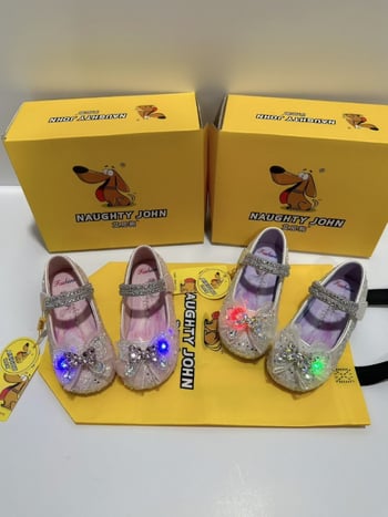 Светещи принцески равни обувки за момичета, квадратен нос, LED светлина, велкро закопчаване, PU подплата, пластмасова подметка