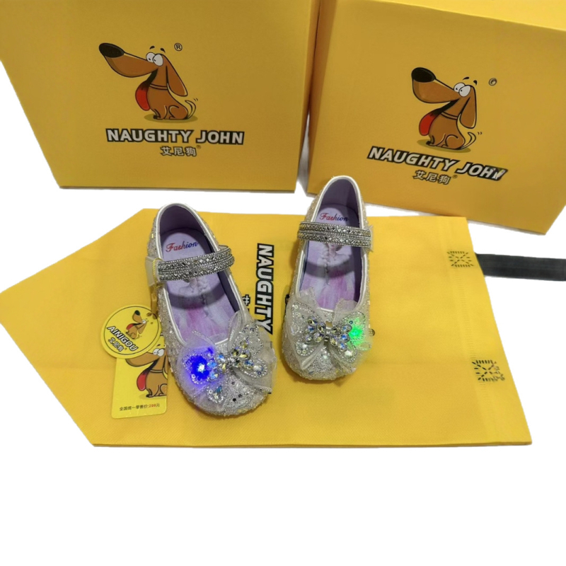 Светещи принцески равни обувки за момичета, квадратен нос, LED светлина, велкро закопчаване, PU подплата, пластмасова подметка