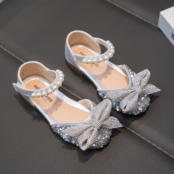 Детски кожени обувки за момичета, сребърни танцови обувки с мека подметка за сценично изпълнение