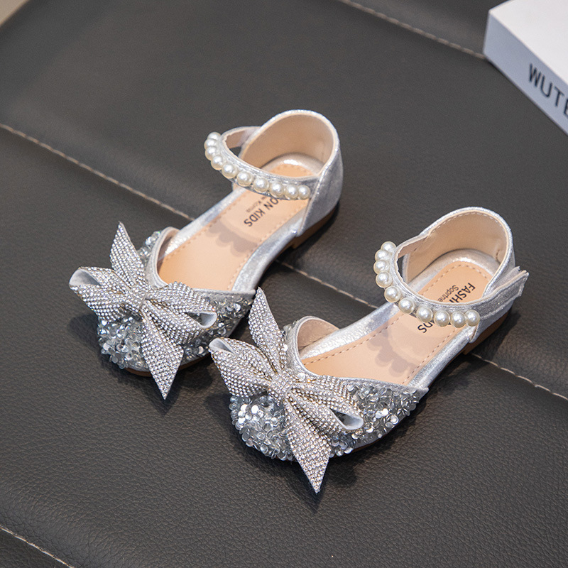 Детски кожени обувки за момичета, сребърни танцови обувки с мека подметка за сценично изпълнение