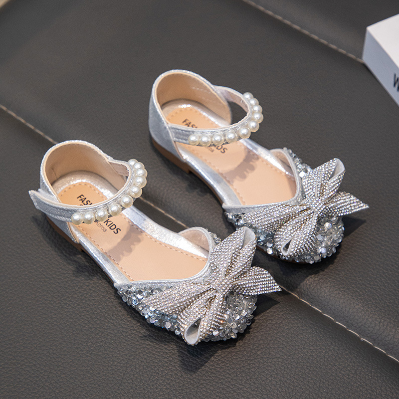 Детски кожени обувки за момичета, сребърни танцови обувки с мека подметка за сценично изпълнение