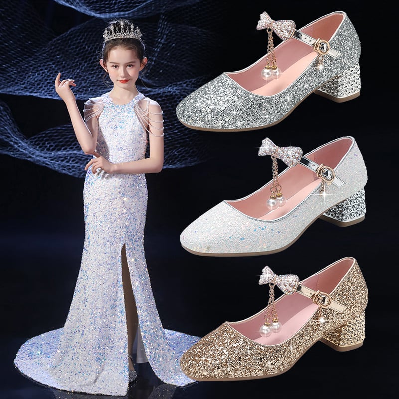 Кристални принцеси обувки за момичета – официални обувки за пиано изпълнение, бели кожени обувки с висок ток, за пролет и есен
