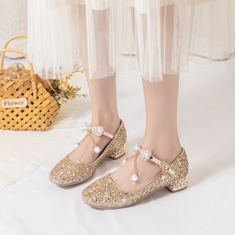 Кристални принцеси обувки за момичета – официални обувки за пиано изпълнение, бели кожени обувки с висок ток, за пролет и есен