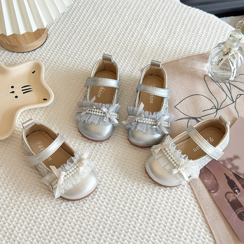 Детски принцеси обувки в корейски стил с дантела и перли, мека подметка от изкуствена кожа, Velcro закопчаване, едноцветни, за пролет и есен