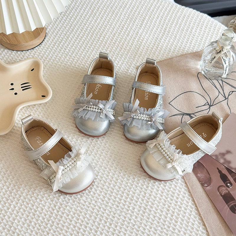 Детски принцеси обувки в корейски стил с дантела и перли, мека подметка от изкуствена кожа, Velcro закопчаване, едноцветни, за пролет и есен
