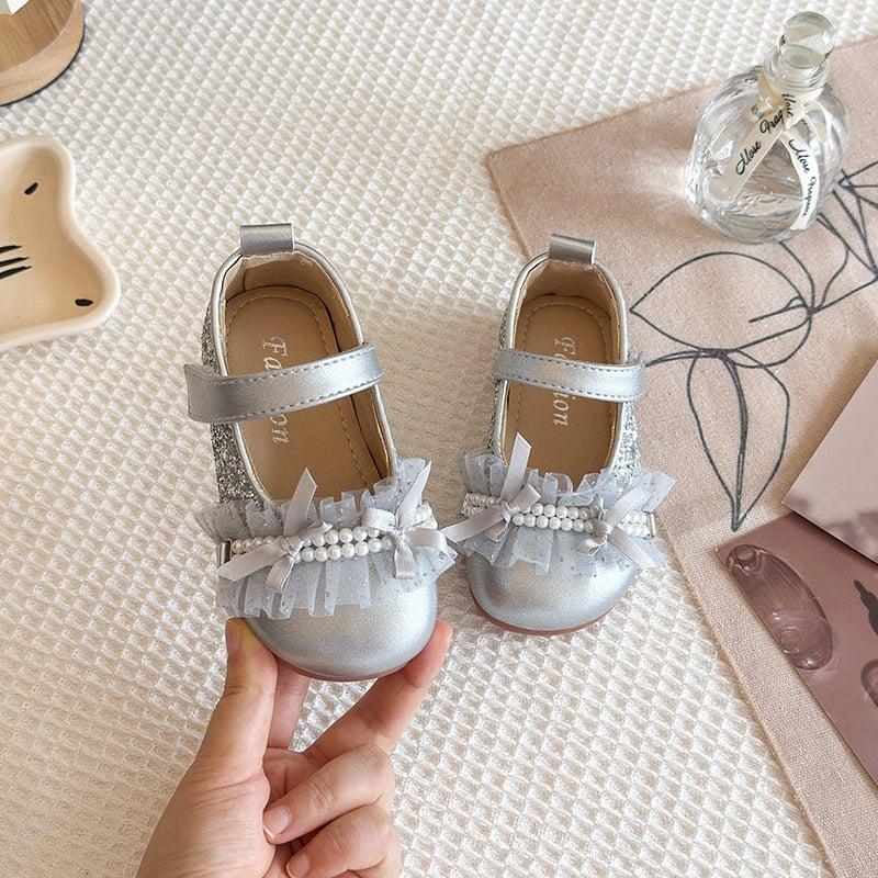 Детски принцеси обувки в корейски стил с дантела и перли, мека подметка от изкуствена кожа, Velcro закопчаване, едноцветни, за пролет и есен