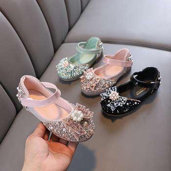 Детски обувки за момичета PU кожа с кристали, дантела и панделка – принцеса стил, Velcro закопчаване