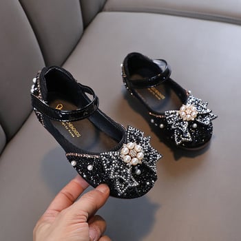 Детски обувки за момичета PU кожа с кристали, дантела и панделка – принцеса стил, Velcro закопчаване