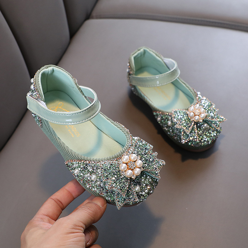 Детски обувки за момичета PU кожа с кристали, дантела и панделка – принцеса стил, Velcro закопчаване