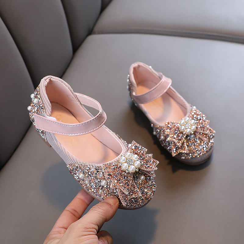 Детски обувки за момичета PU кожа с кристали, дантела и панделка – принцеса стил, Velcro закопчаване