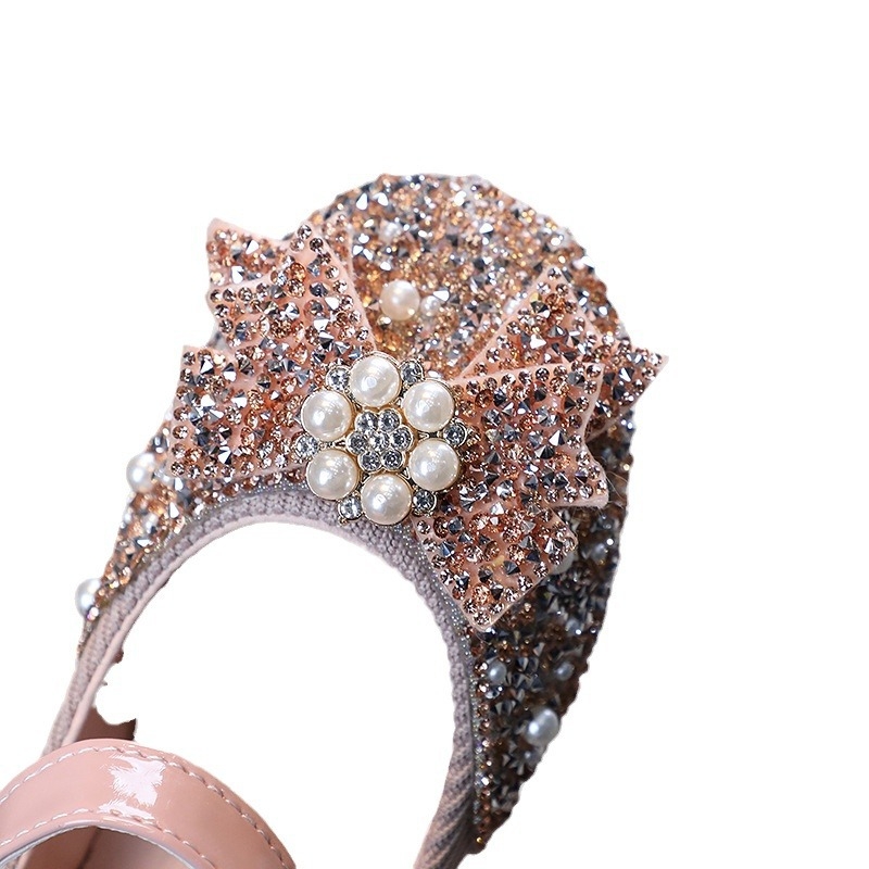 Детски обувки за момичета PU кожа с кристали, дантела и панделка – принцеса стил, Velcro закопчаване