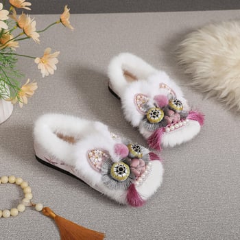 Téli kézműves etnikai stílusú cipő plüss béléssel, meleg tigrisfej motívummal, női pamutcipő, puha talp