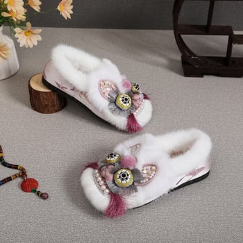 Téli kézműves etnikai stílusú cipő plüss béléssel, meleg tigrisfej motívummal, női pamutcipő, puha talp