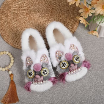 Téli kézműves etnikai stílusú cipő plüss béléssel, meleg tigrisfej motívummal, női pamutcipő, puha talp