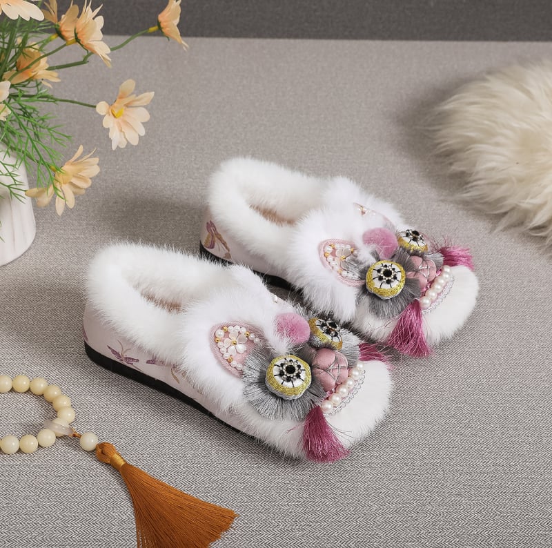 Téli kézműves etnikai stílusú cipő plüss béléssel, meleg tigrisfej motívummal, női pamutcipő, puha talp