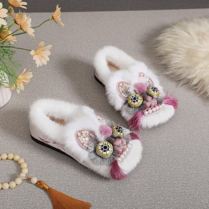 Téli kézműves etnikai stílusú cipő plüss béléssel, meleg tigrisfej motívummal, női pamutcipő, puha talp