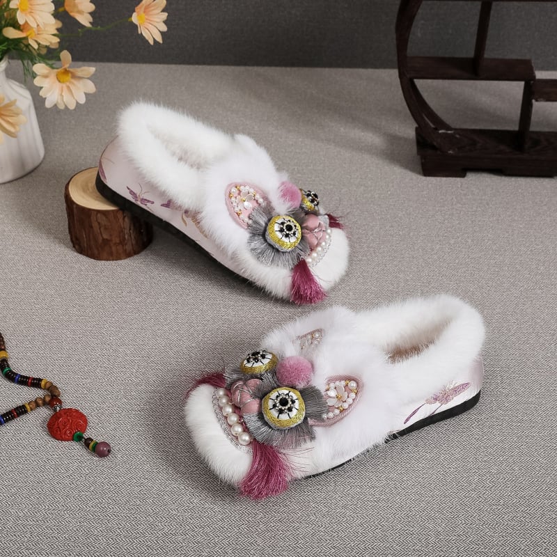 Téli kézműves etnikai stílusú cipő plüss béléssel, meleg tigrisfej motívummal, női pamutcipő, puha talp