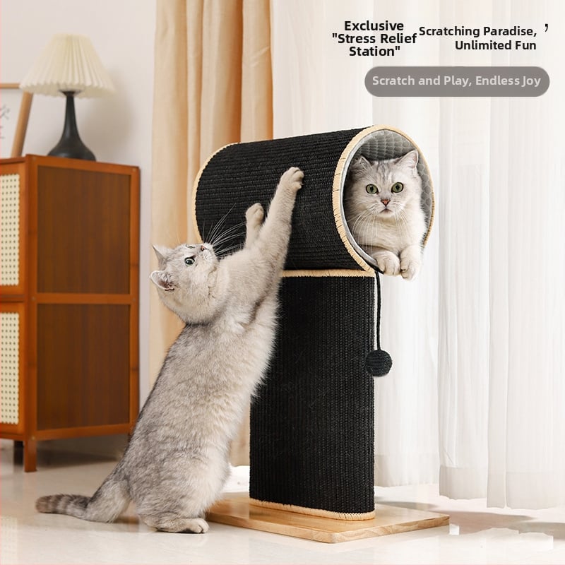 Дървена котешка драскаща дъска със сизалова опора, здрава вертикална катереща рамка и интегрирана играчка