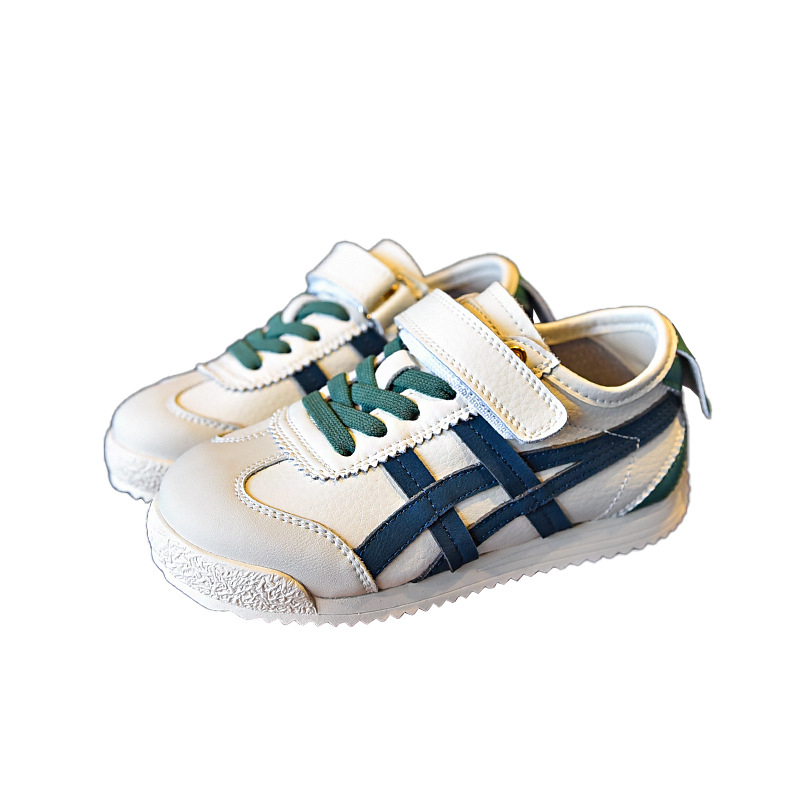 8795 Пролетни детски кецове – ниски до глезена с лепенка, casual стил, корейски дизайн, с цветни блокове, бели