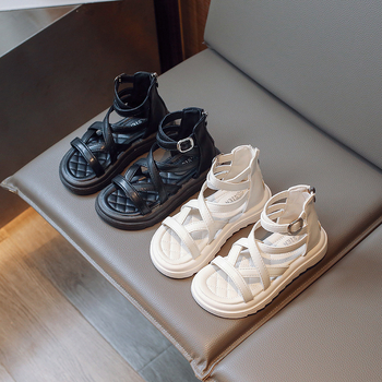 Детски римски сандали за момичета, лято 2023, PU горна част, гумена подметка, заден цип