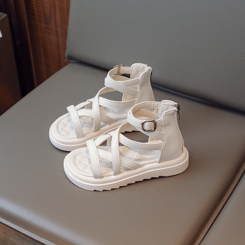 Детски римски сандали за момичета, лято 2023, PU горна част, гумена подметка, заден цип