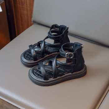 Детски римски сандали за момичета, лято 2023, PU горна част, гумена подметка, заден цип