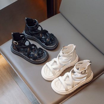 Детски римски сандали за момичета, лято 2023, PU горна част, гумена подметка, заден цип