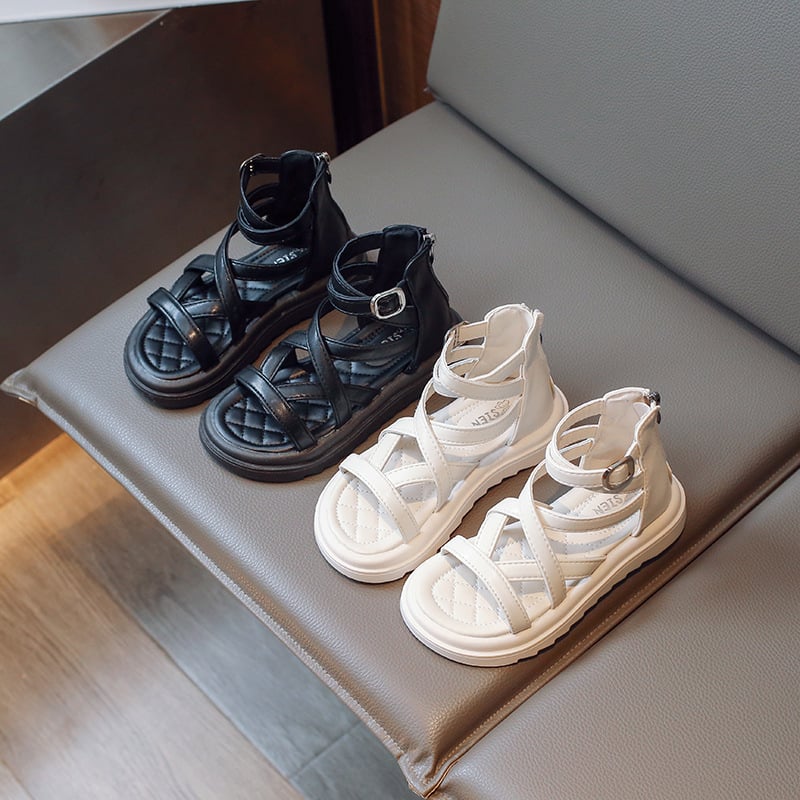 Детски римски сандали за момичета, лято 2023, PU горна част, гумена подметка, заден цип