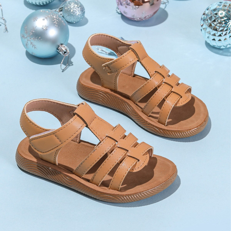 Сандали за момичета, лято 2026, модни с кръгла носка, декоративни ленти и Velcro, мека подметка, удобни принцесови сандали за малки момичета