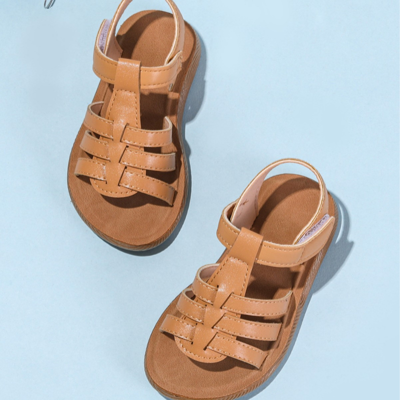 Сандали за момичета, лято 2026, модни с кръгла носка, декоративни ленти и Velcro, мека подметка, удобни принцесови сандали за малки момичета