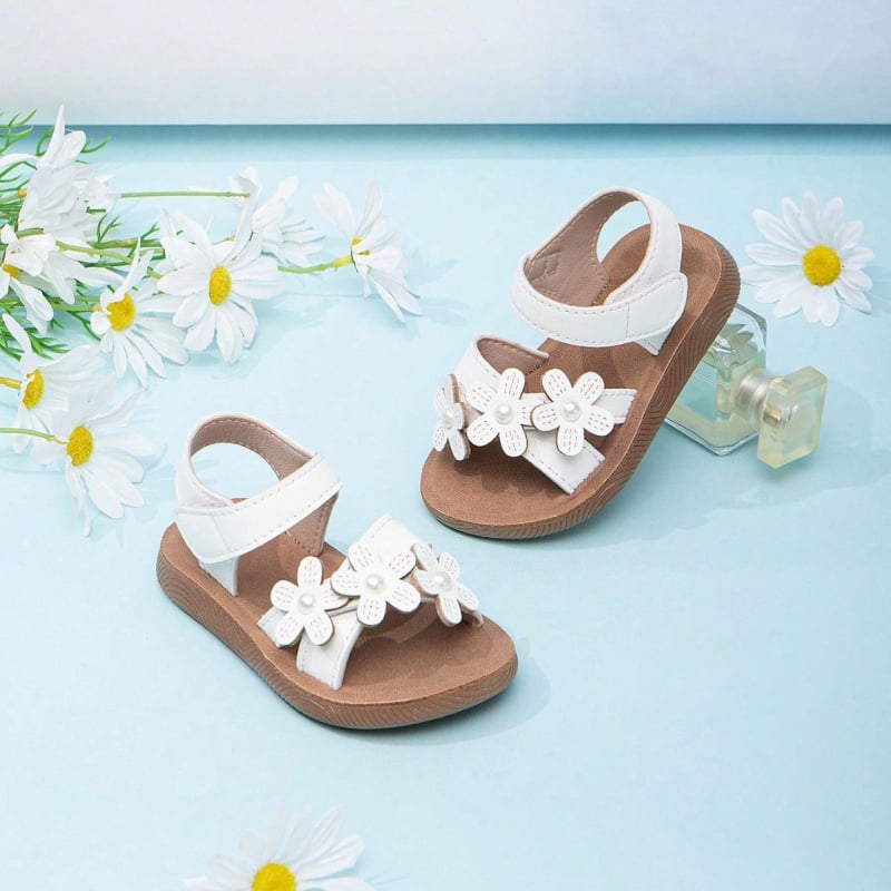 Сандали за момичета с перлени апликации, закопчаване с Velcro, сладки и стилни, с мека подметка