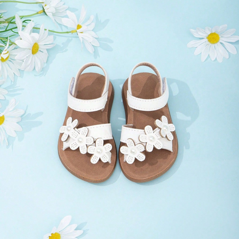 Сандали за момичета с перлени апликации, закопчаване с Velcro, сладки и стилни, с мека подметка