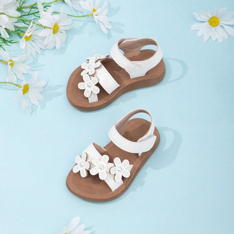Сандали за момичета с перлени апликации, закопчаване с Velcro, сладки и стилни, с мека подметка