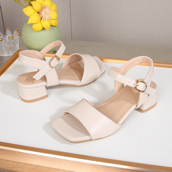 Детски сандали с квадратен нос и каишка с една пряжка, модерен стил, дебел ток, за момичета, 2026 нов модел