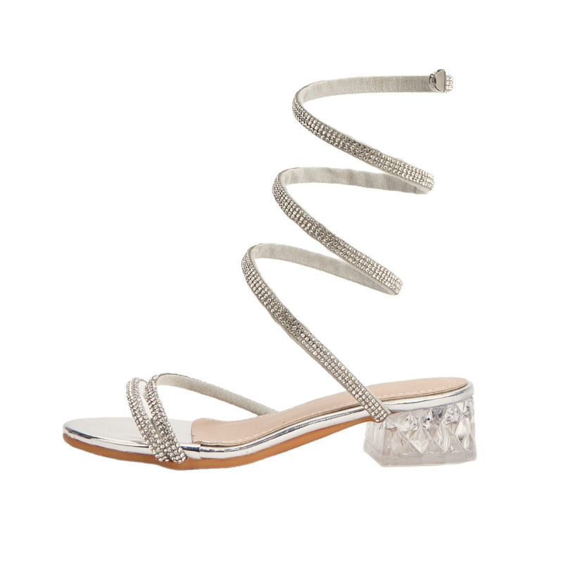 Детски сандали за момичета със кристали, открит пръст и каишки, сребърни, с дебел ток