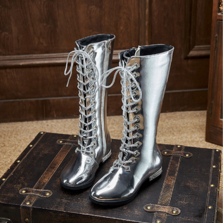 Детски ботуши в стил Мартин с равна подметка, сребрист лак, високи ботуши за момичета, обувки за подиум и сценични изпълнения